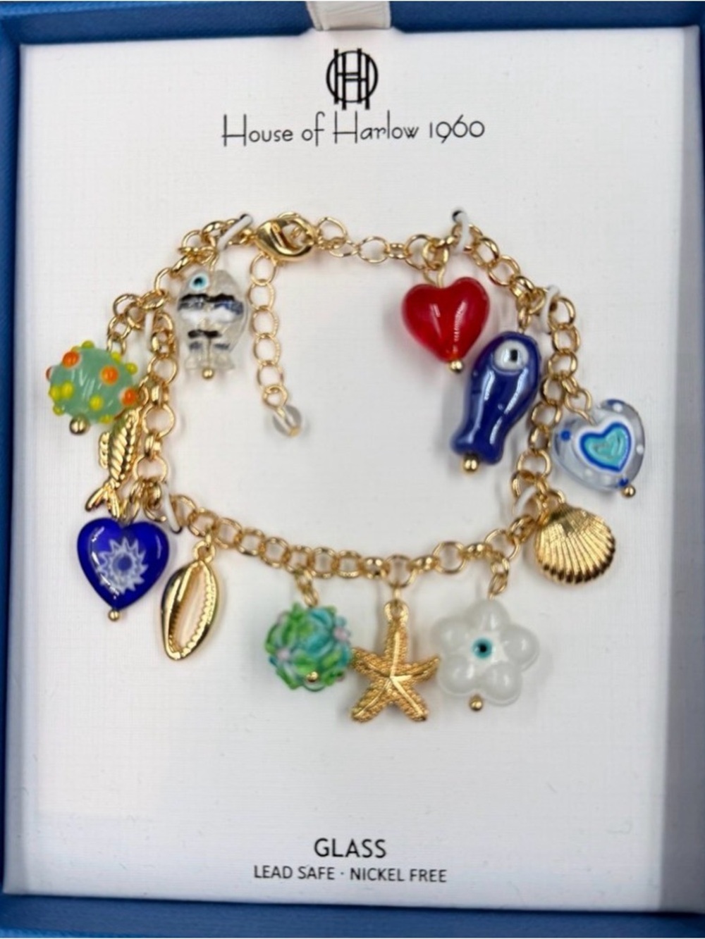 NWT ⚜️🐚⚜️ House of Harlow 1960 Natural Shells & Glass Bead Charm Link Bracelet - Picture 3 of 6